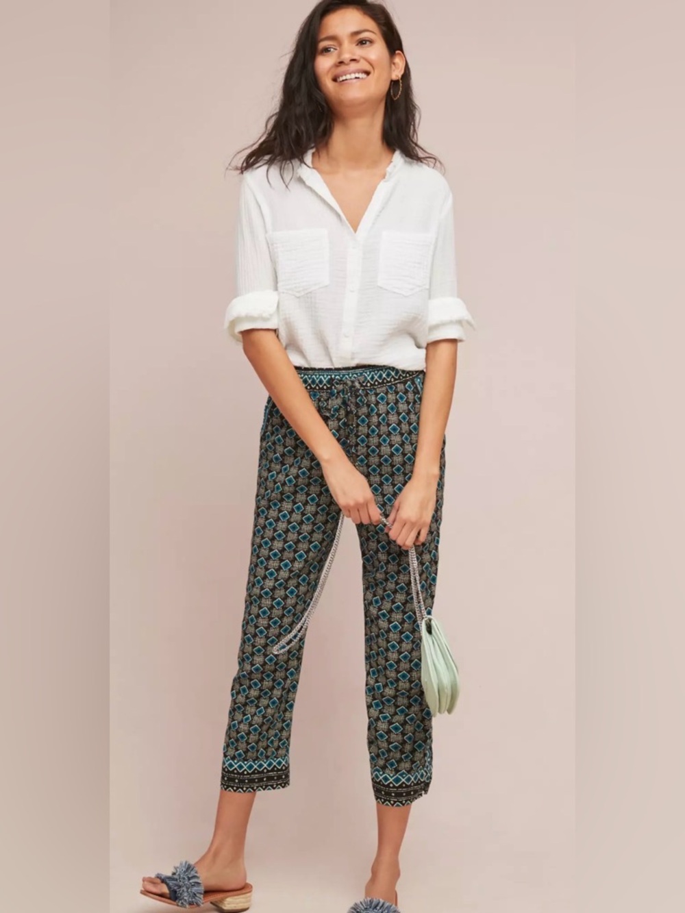 Anthropologie Teal and Black Geometric Cropped Pants - size XS - Picture 3 of 12